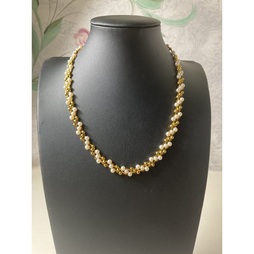 Vintage Trifari Faux Pearl Gold Bead Twisted Rope Choker Necklace Coquette Boho